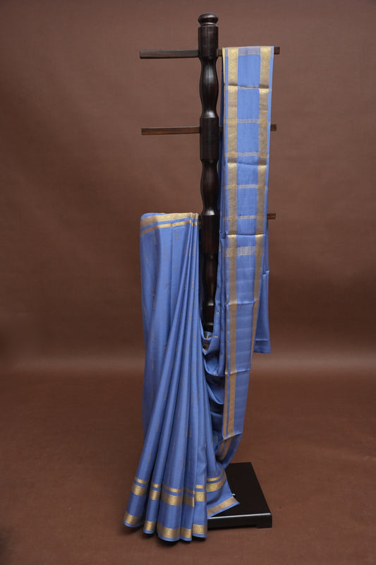 Plain Pure Crepe Mysore Silk Saree in Steel Blue With Self Retta Pet Border