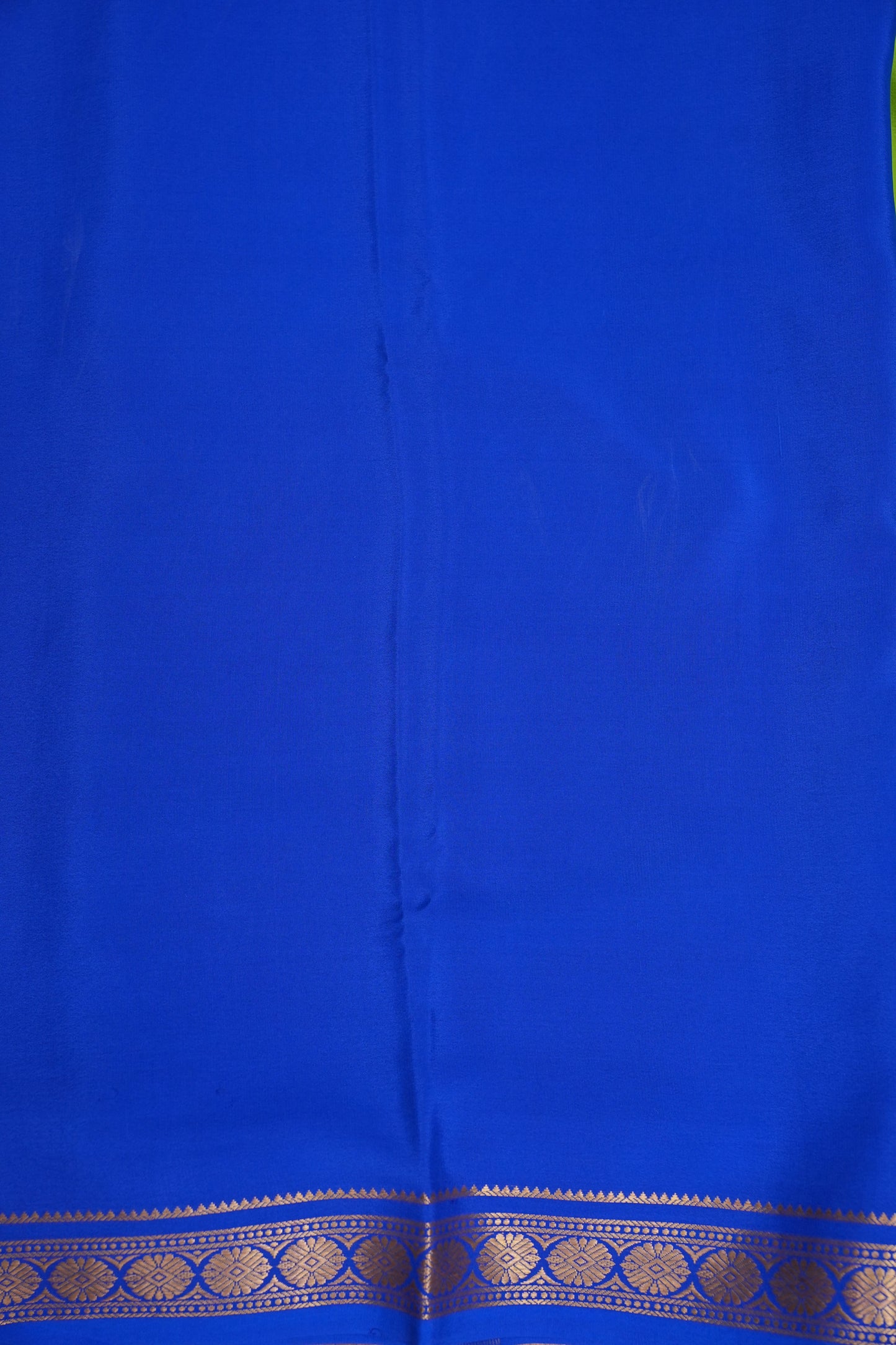 Plain Pure Crepe Mysore Silk Saree in Parrot Green With Contrast Ink Blue Pallu & Blouse