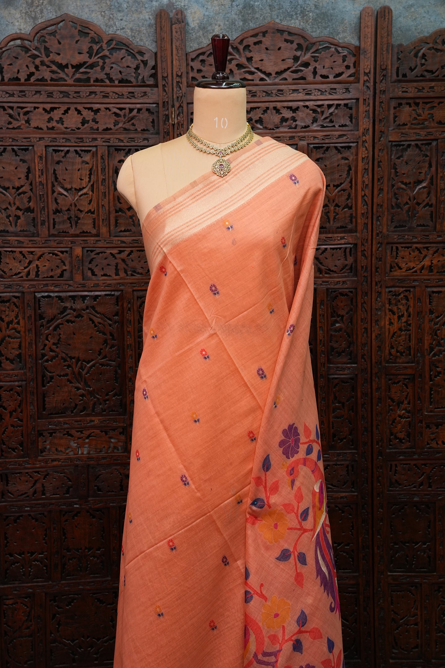 Pure Khaddi Cotton Saree with Peacock & Floral Woven Pallu – Peach