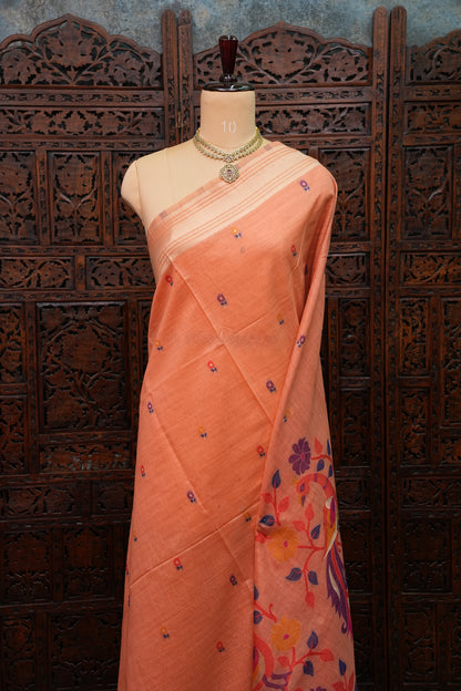 Pure Khaddi Cotton Saree with Peacock & Floral Woven Pallu – Peach