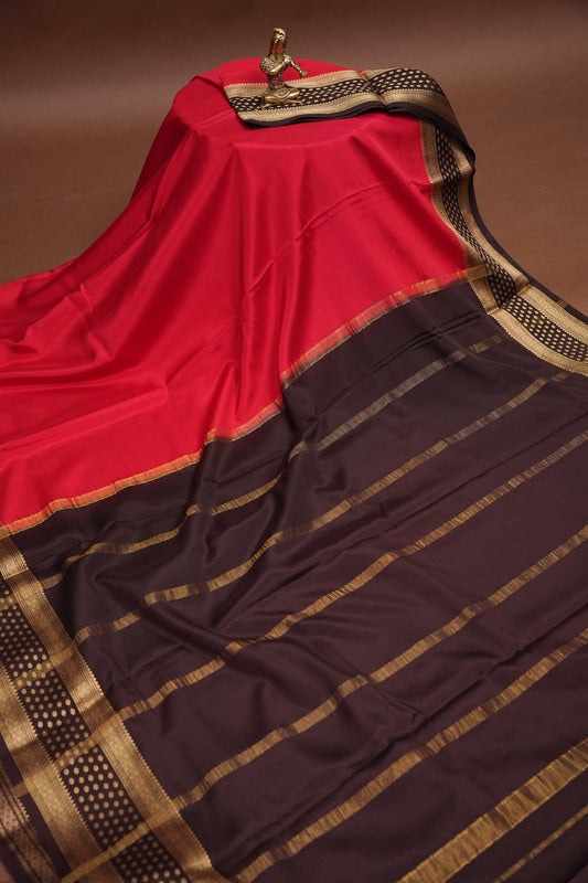 Pure Crepe Mysore Silk Saree - Maroon & Coffee Border