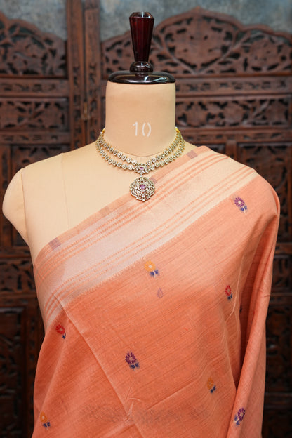 Pure Khaddi Cotton Saree with Peacock & Floral Woven Pallu – Peach