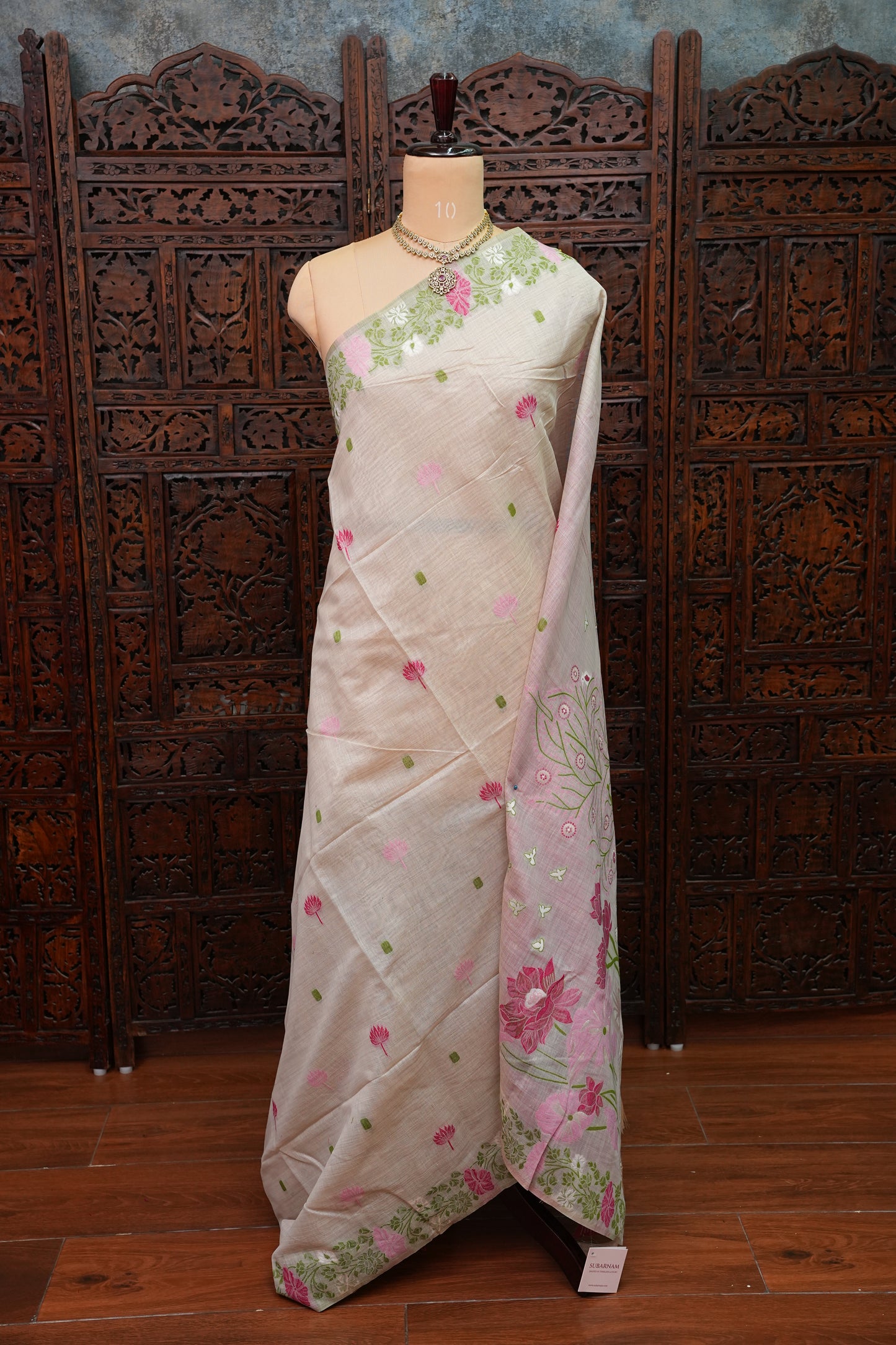 Pure Khaddi Cotton Saree with Floral & Peacock Woven Pallu – Ivory & Pink