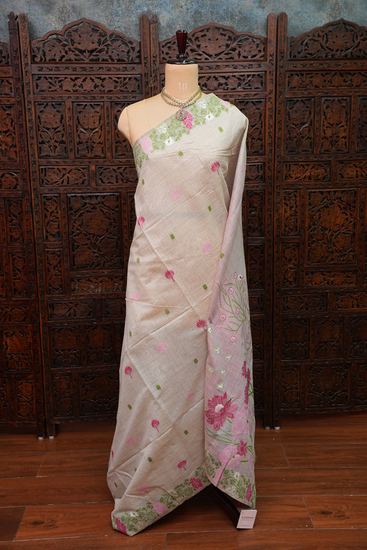 Pure Khaddi Cotton Saree with Floral & Peacock Woven Pallu – Ivory & Pink