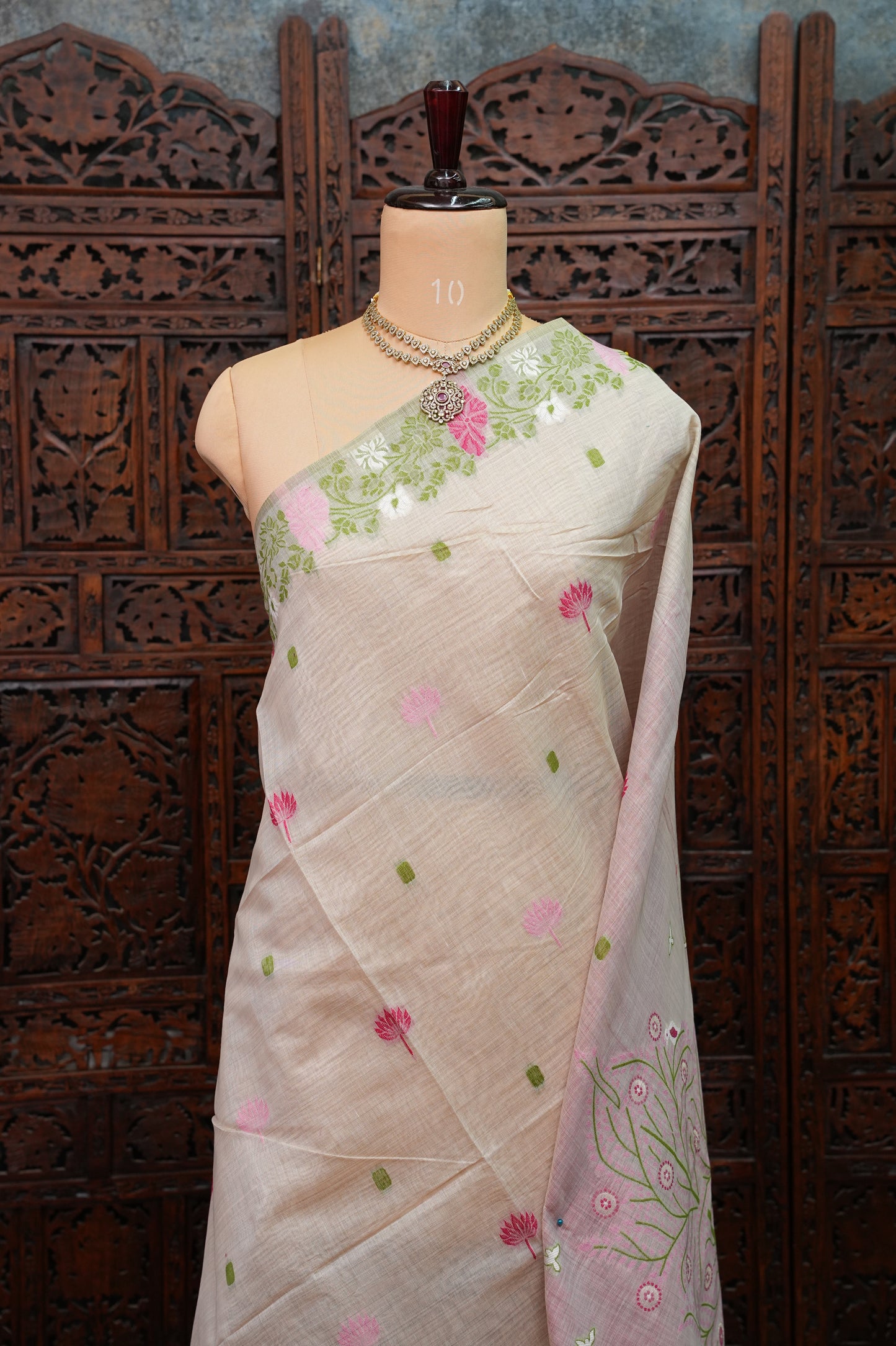 Pure Khaddi Cotton Saree with Floral & Peacock Woven Pallu – Ivory & Pink