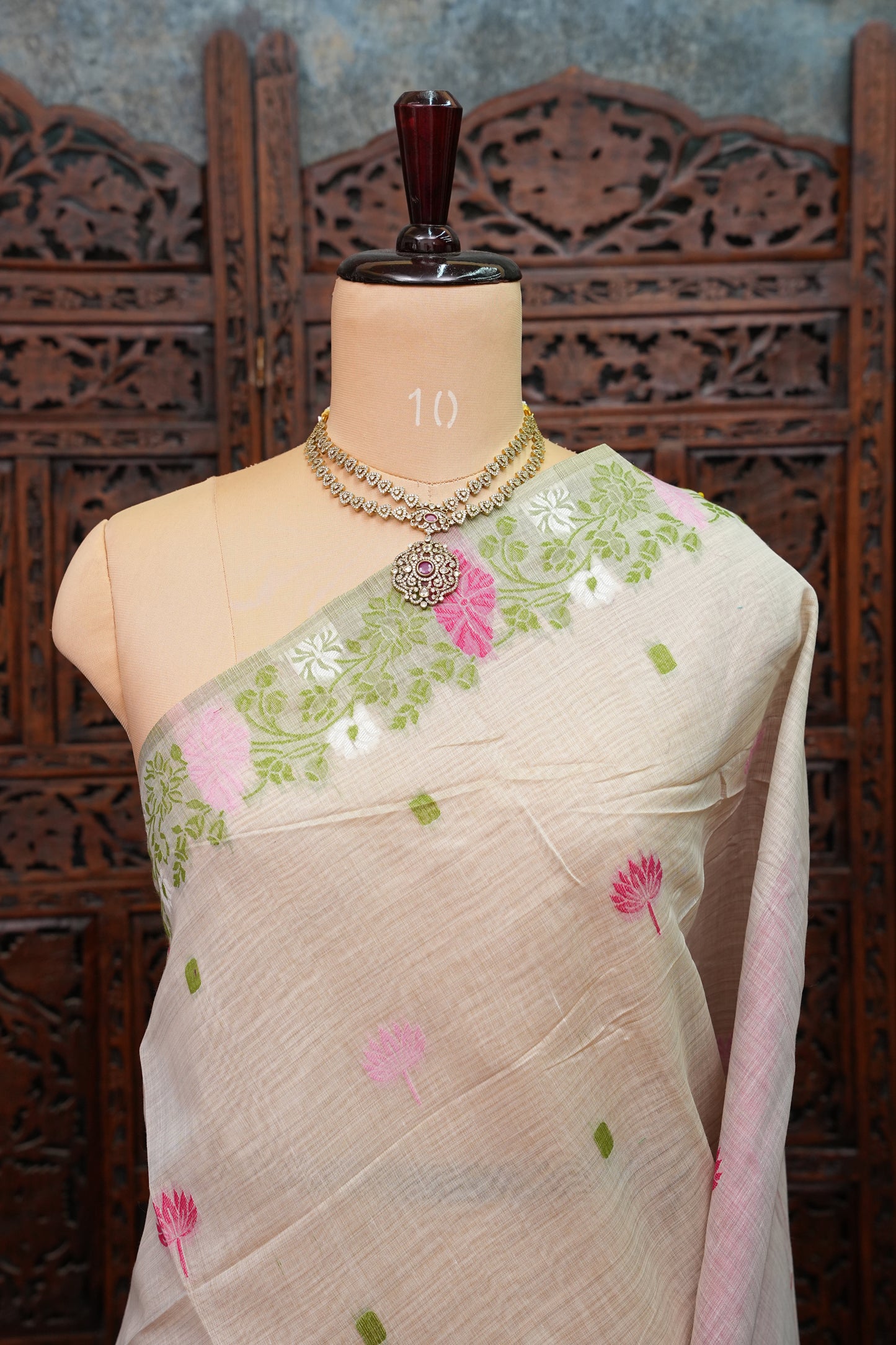 Pure Khaddi Cotton Saree with Floral & Peacock Woven Pallu – Ivory & Pink