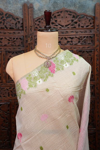 Pure Khaddi Cotton Saree with Floral & Peacock Woven Pallu – Ivory & Pink