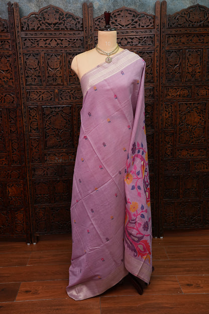 Pure Khaddi Cotton Saree with Peacock & Floral Woven Pallu – Lavender