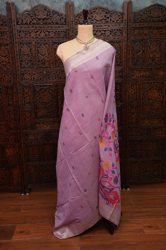 Pure Khaddi Cotton Saree with Peacock & Floral Woven Pallu – Lavender