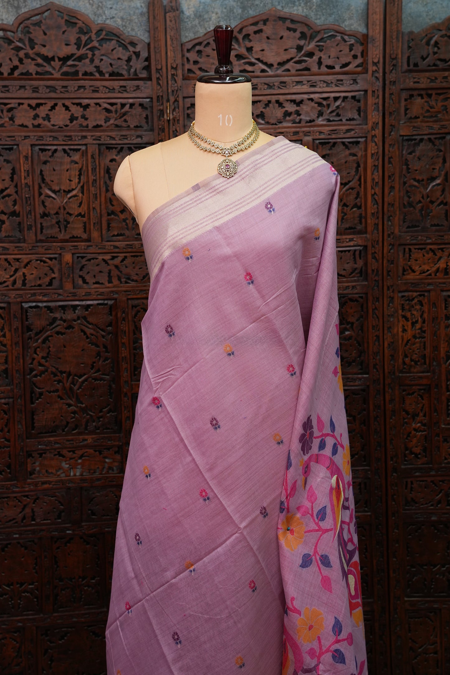 Pure Khaddi Cotton Saree with Peacock & Floral Woven Pallu – Lavender