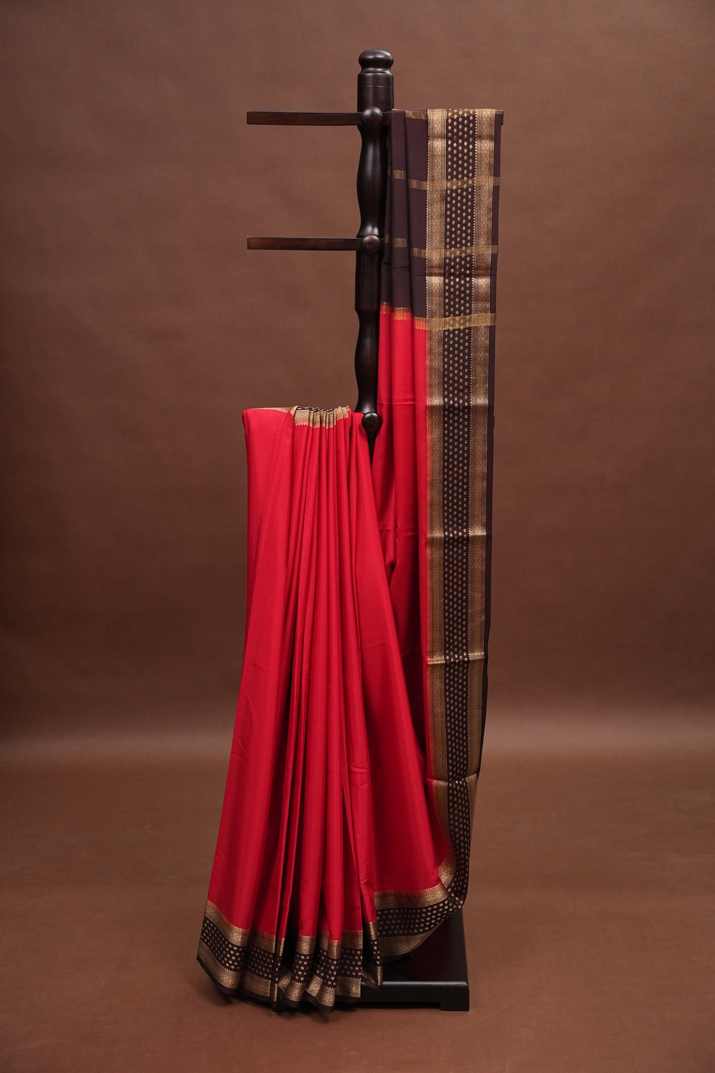 Pure Crepe Mysore Silk Saree - Maroon & Coffee Border