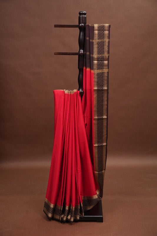 Pure Crepe Mysore Silk Saree - Maroon & Coffee Border