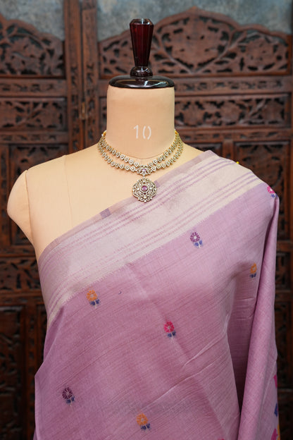 Pure Khaddi Cotton Saree with Peacock & Floral Woven Pallu – Lavender
