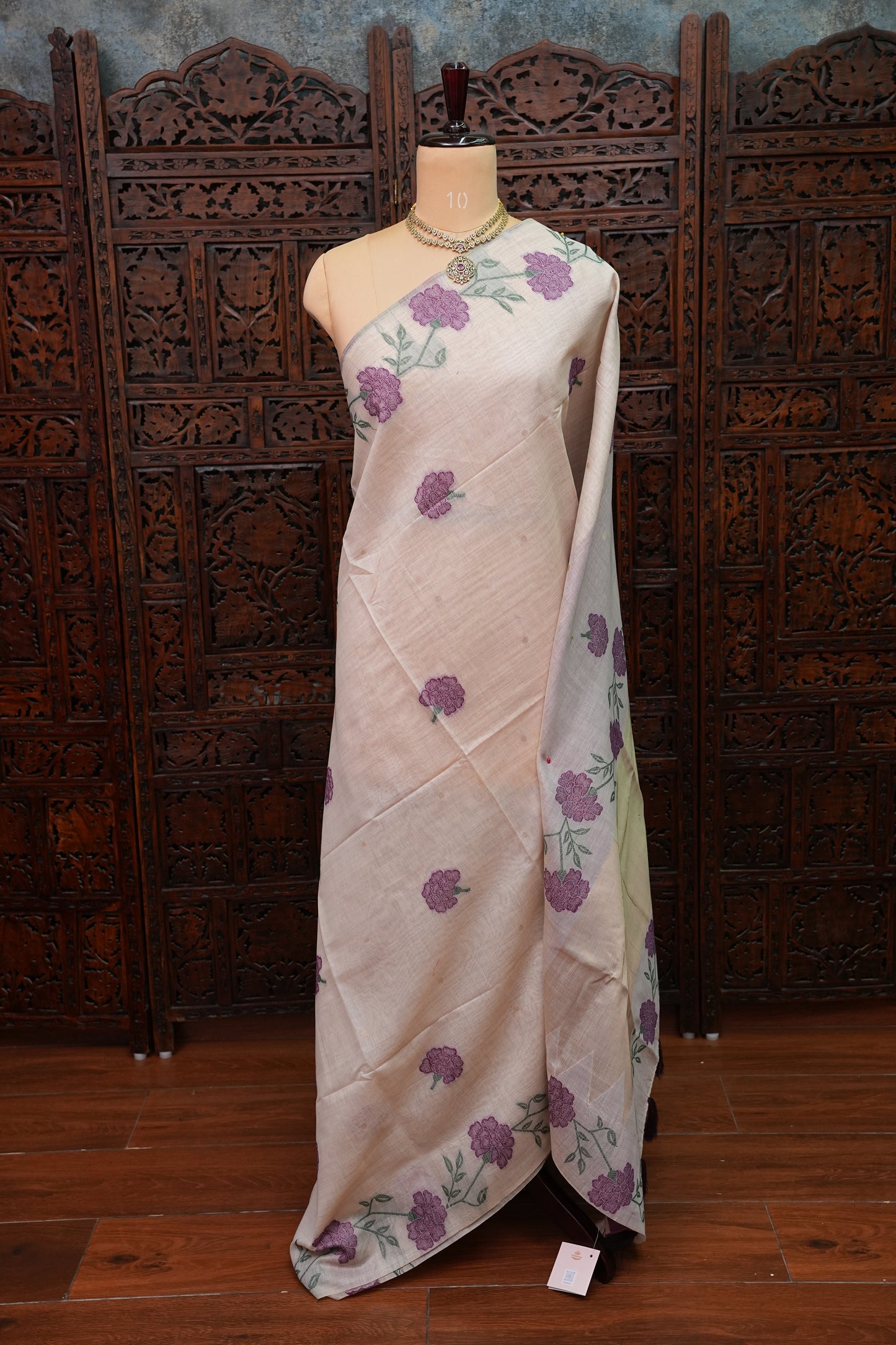 Pure Khaddi Cotton Saree with Floral Woven Pallu – Ivory & Purple