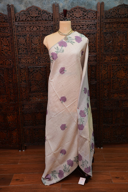 Pure Khaddi Cotton Saree with Floral Woven Pallu – Ivory & Purple
