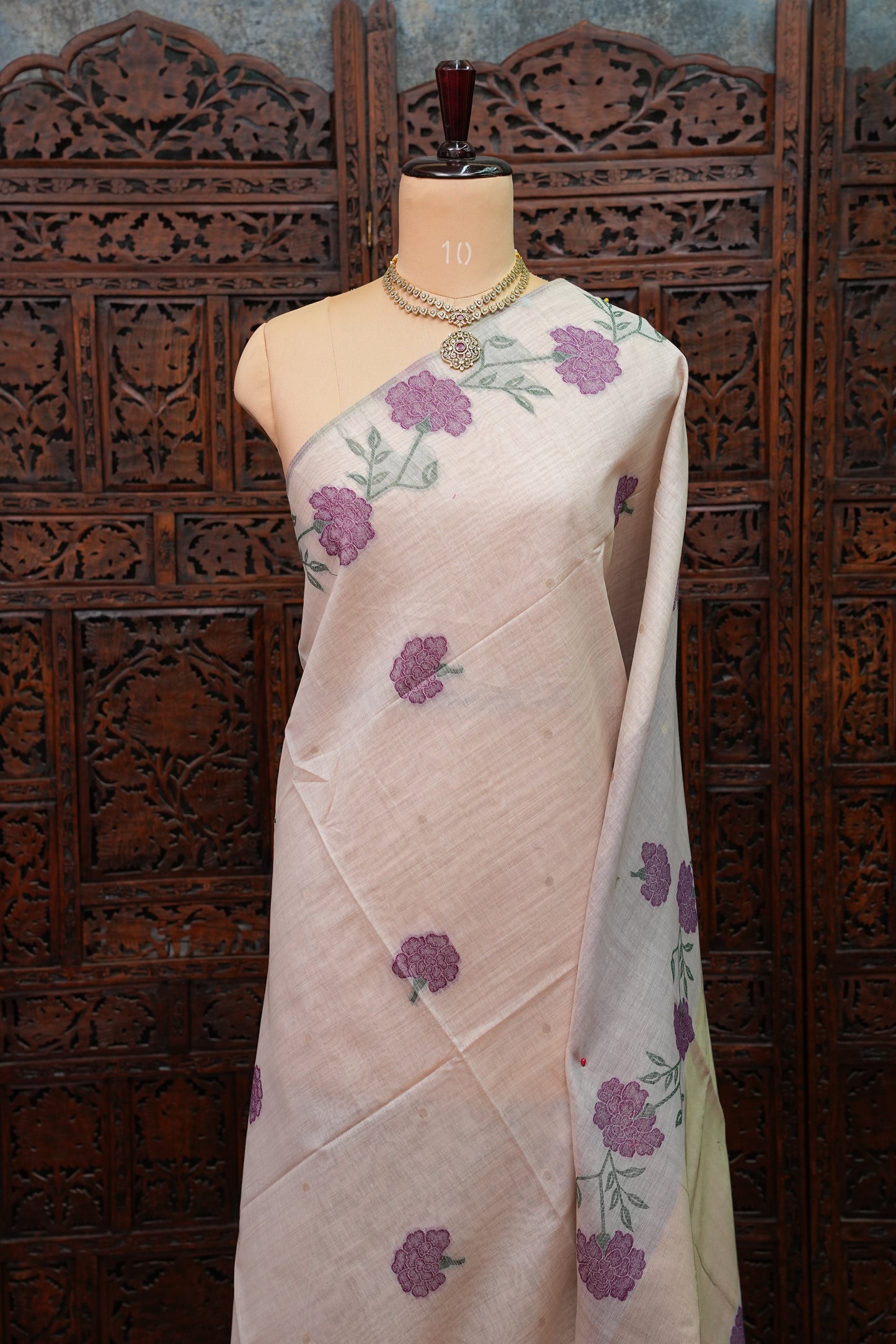 Pure Khaddi Cotton Saree with Floral Woven Pallu – Ivory & Purple