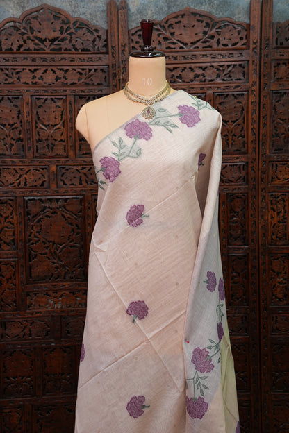 Pure Khaddi Cotton Saree with Floral Woven Pallu – Ivory & Purple