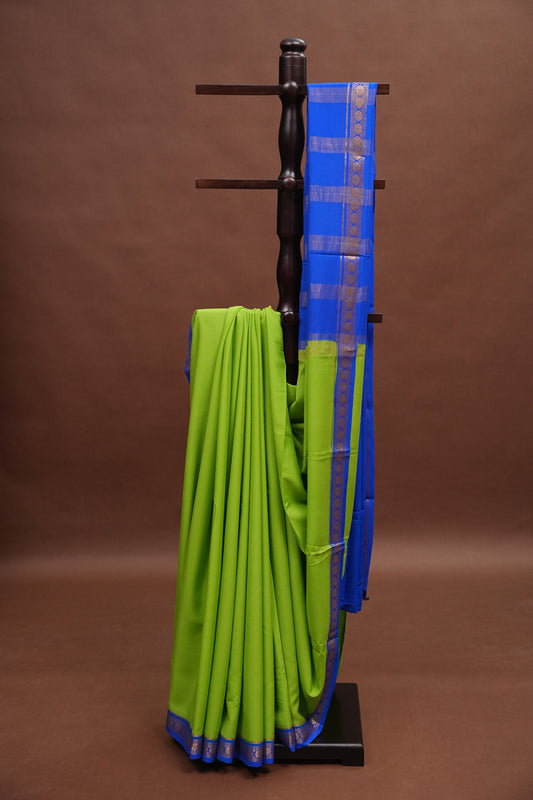 Plain Pure Crepe Mysore Silk Saree in Parrot Green With Contrast Ink Blue Pallu & Blouse