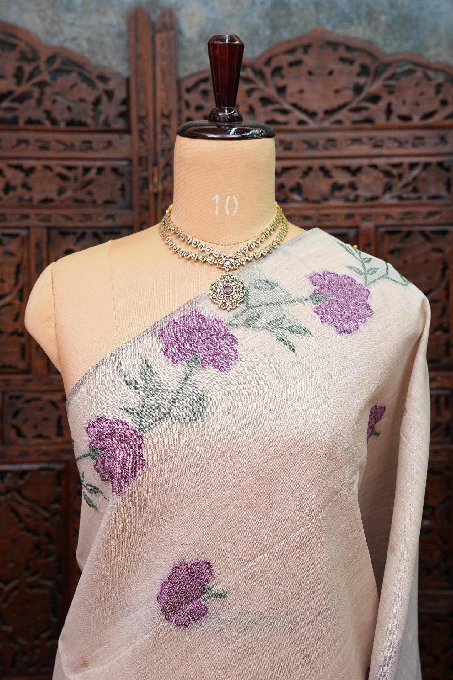 Pure Khaddi Cotton Saree with Floral Woven Pallu – Ivory & Purple