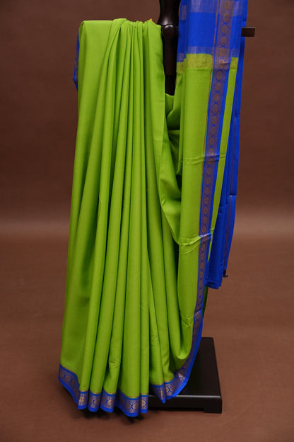 Plain Pure Crepe Mysore Silk Saree in Parrot Green With Contrast Ink Blue Pallu & Blouse