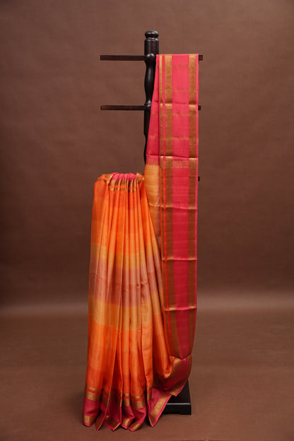 Multicolor Pure Crepe Mysore Silk Saree - Orange With Coral Pink Retta Pet Border