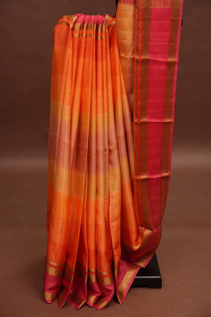 Multicolor Pure Crepe Mysore Silk Saree - Orange With Coral Pink Retta Pet Border
