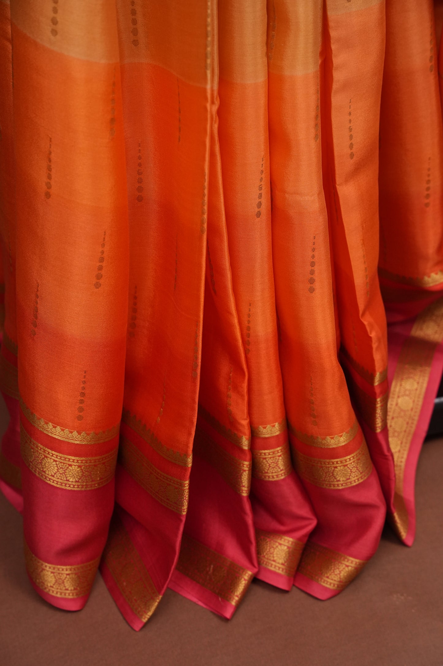 Multicolor Pure Crepe Mysore Silk Saree - Orange With Coral Pink Retta Pet Border