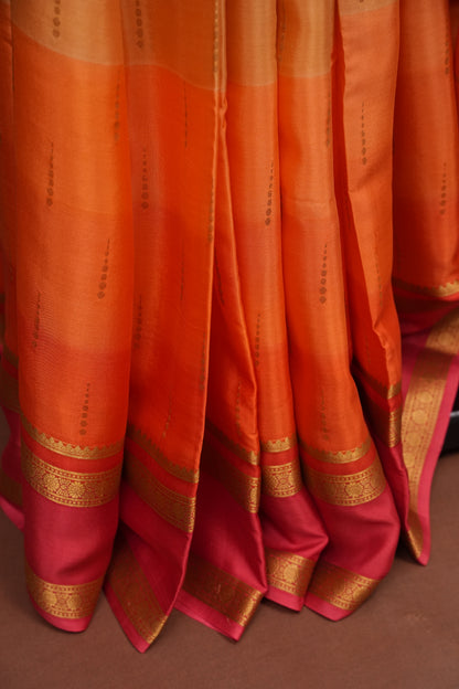 Multicolor Pure Crepe Mysore Silk Saree - Orange With Coral Pink Retta Pet Border