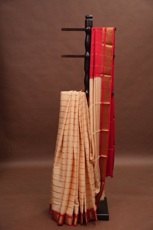 Striped Pure Crepe Mysore Silk Saree in Ivory With Contrast Deep Red Pallu & Blouse