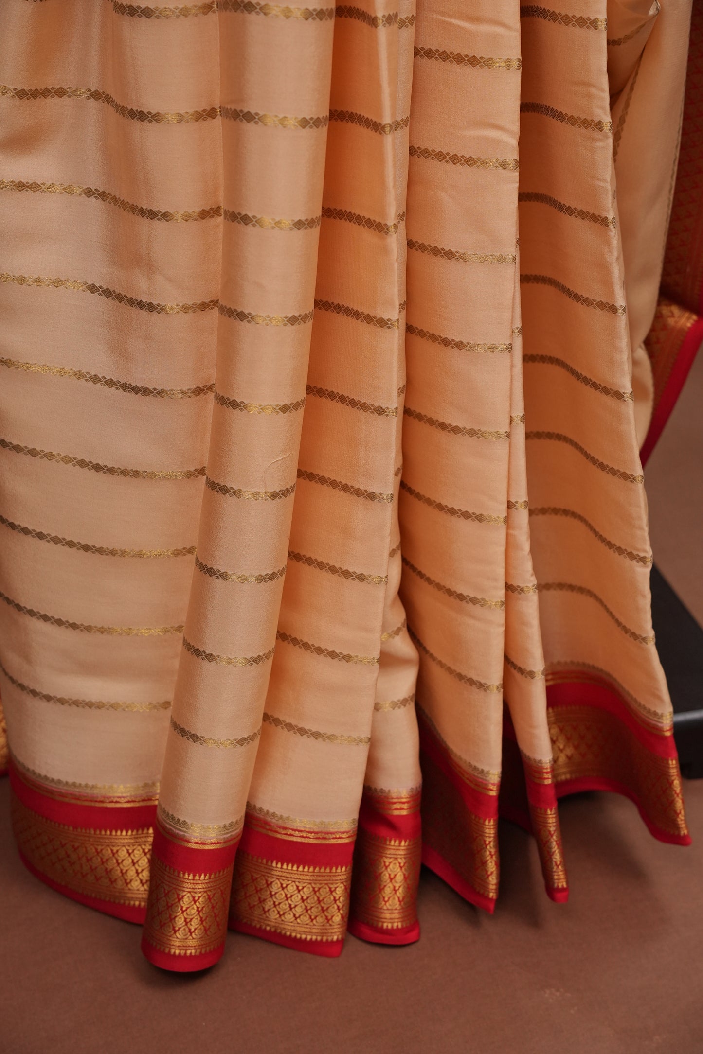 Striped Pure Crepe Mysore Silk Saree in Ivory With Contrast Deep Red Pallu & Blouse