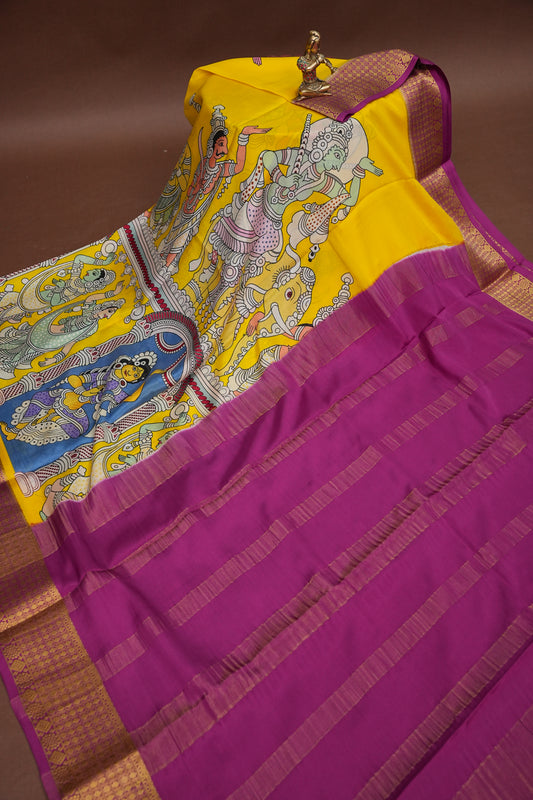 Kalamkari Printed Pure Crepe Mysore Silk Saree - Yellow & Pink Contrast