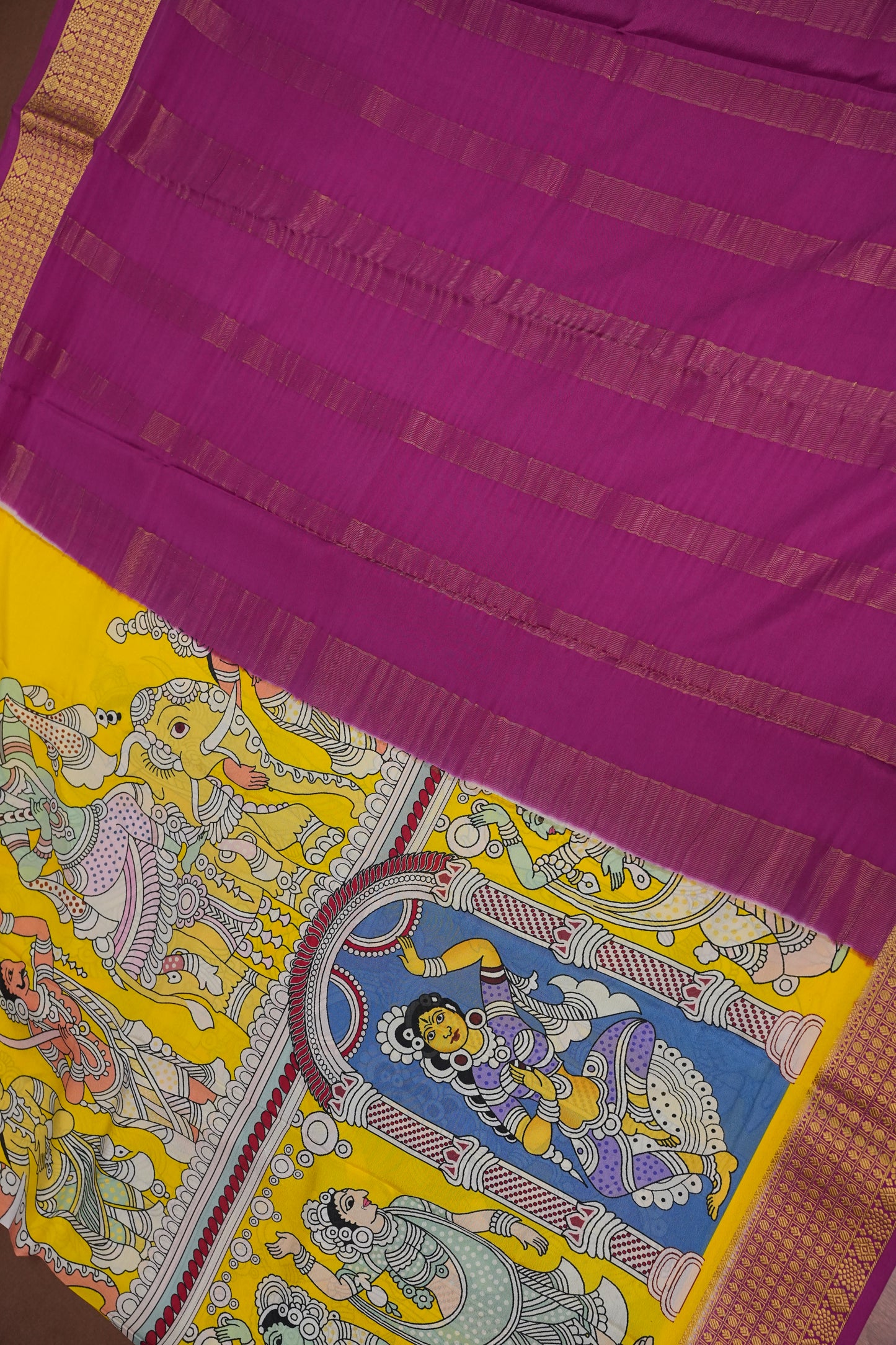 Kalamkari Printed Pure Crepe Mysore Silk Saree - Yellow & Pink Contrast