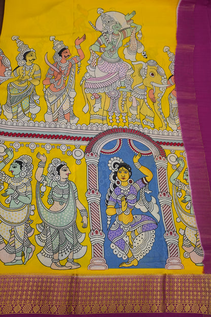 Kalamkari Printed Pure Crepe Mysore Silk Saree - Yellow & Pink Contrast