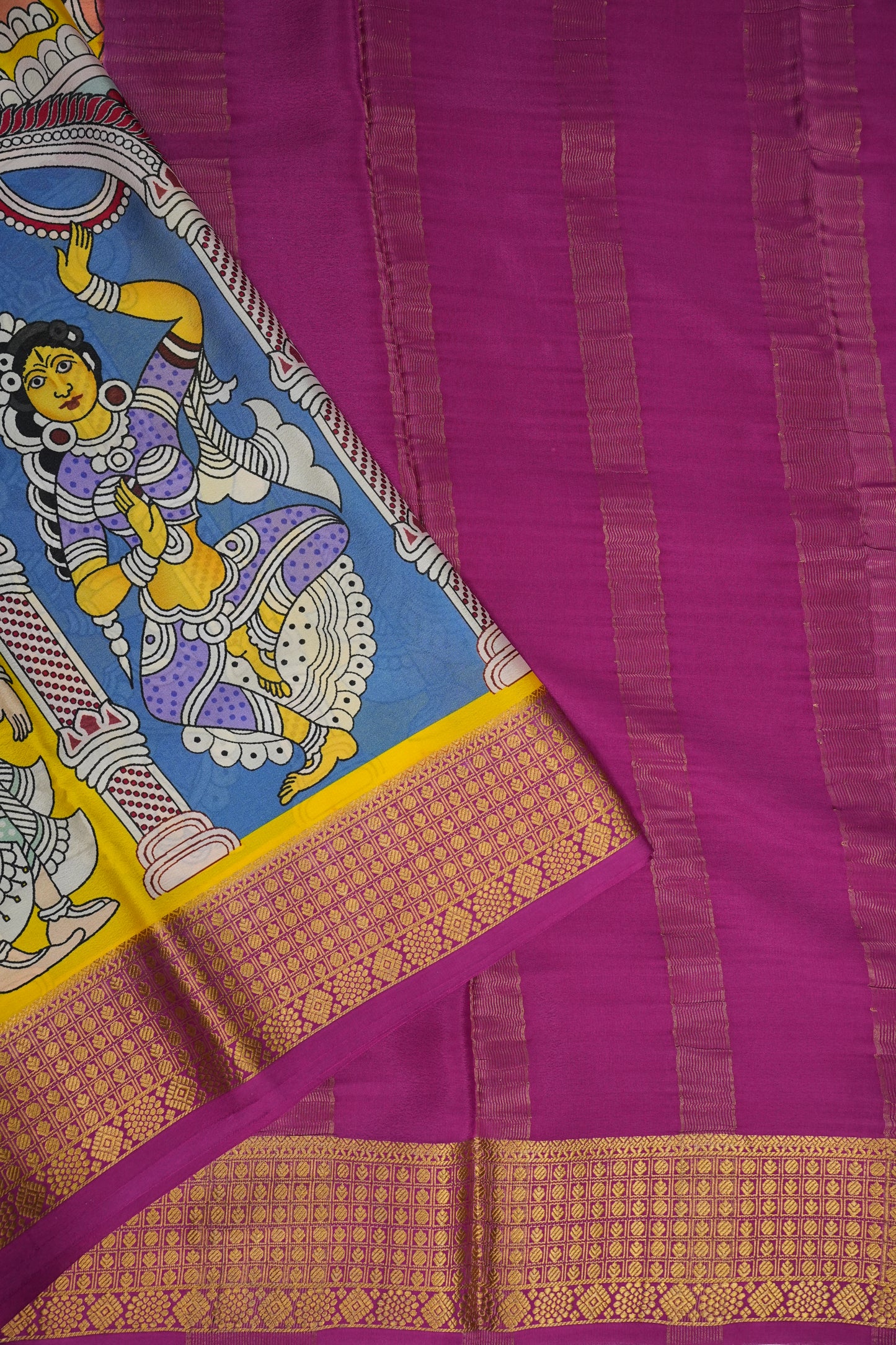Kalamkari Printed Pure Crepe Mysore Silk Saree - Yellow & Pink Contrast