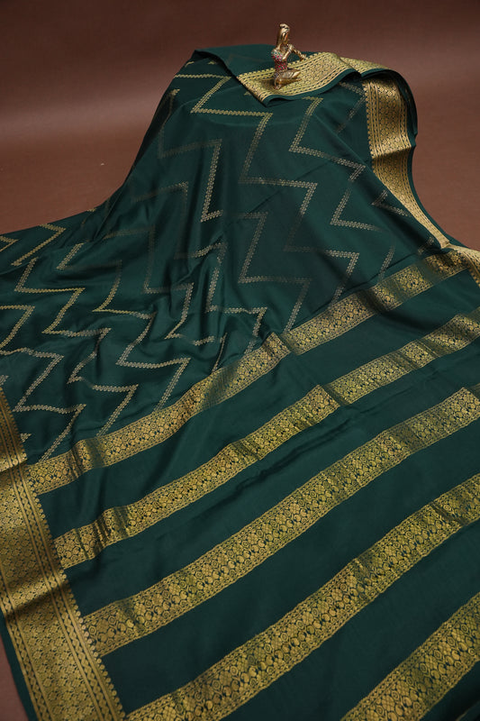 Pure Crepe Mysore Silk Saree - Bottle Green With Gold Zaro Border