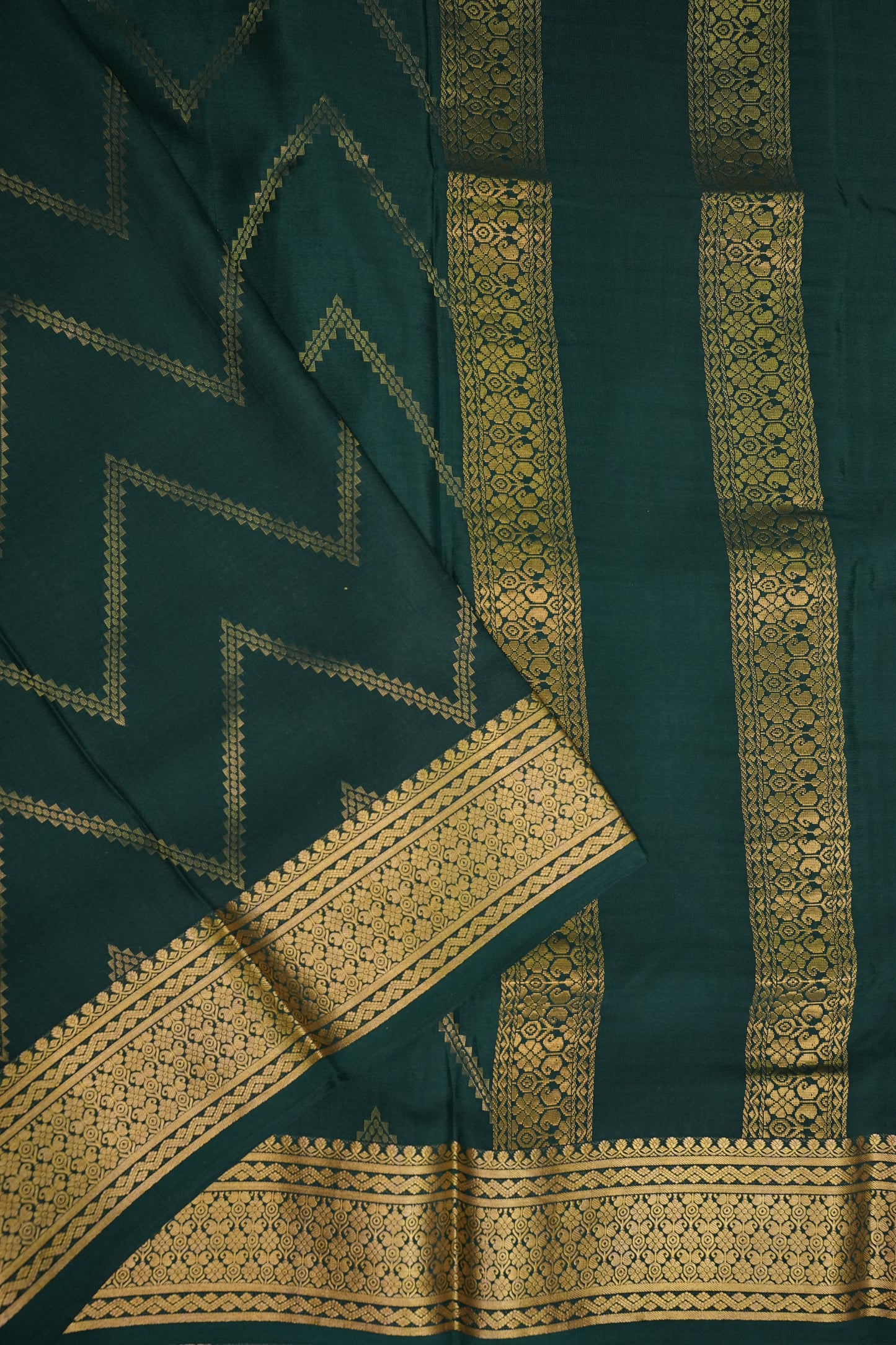 Pure Crepe Mysore Silk Saree - Bottle Green With Gold Zaro Border