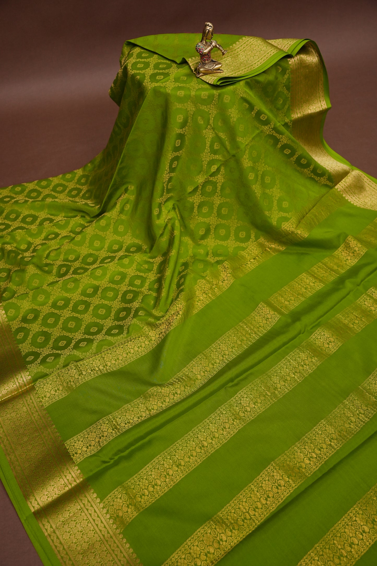 Pure Crepe Mysore Silk Saree - Olive Green with Gold Zari Border