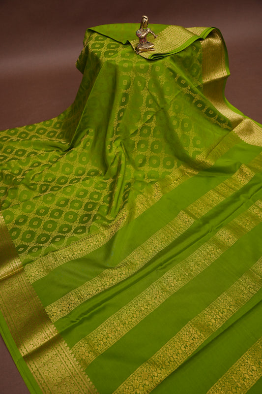 Pure Crepe Mysore Silk Saree - Olive Green with Gold Zari Border