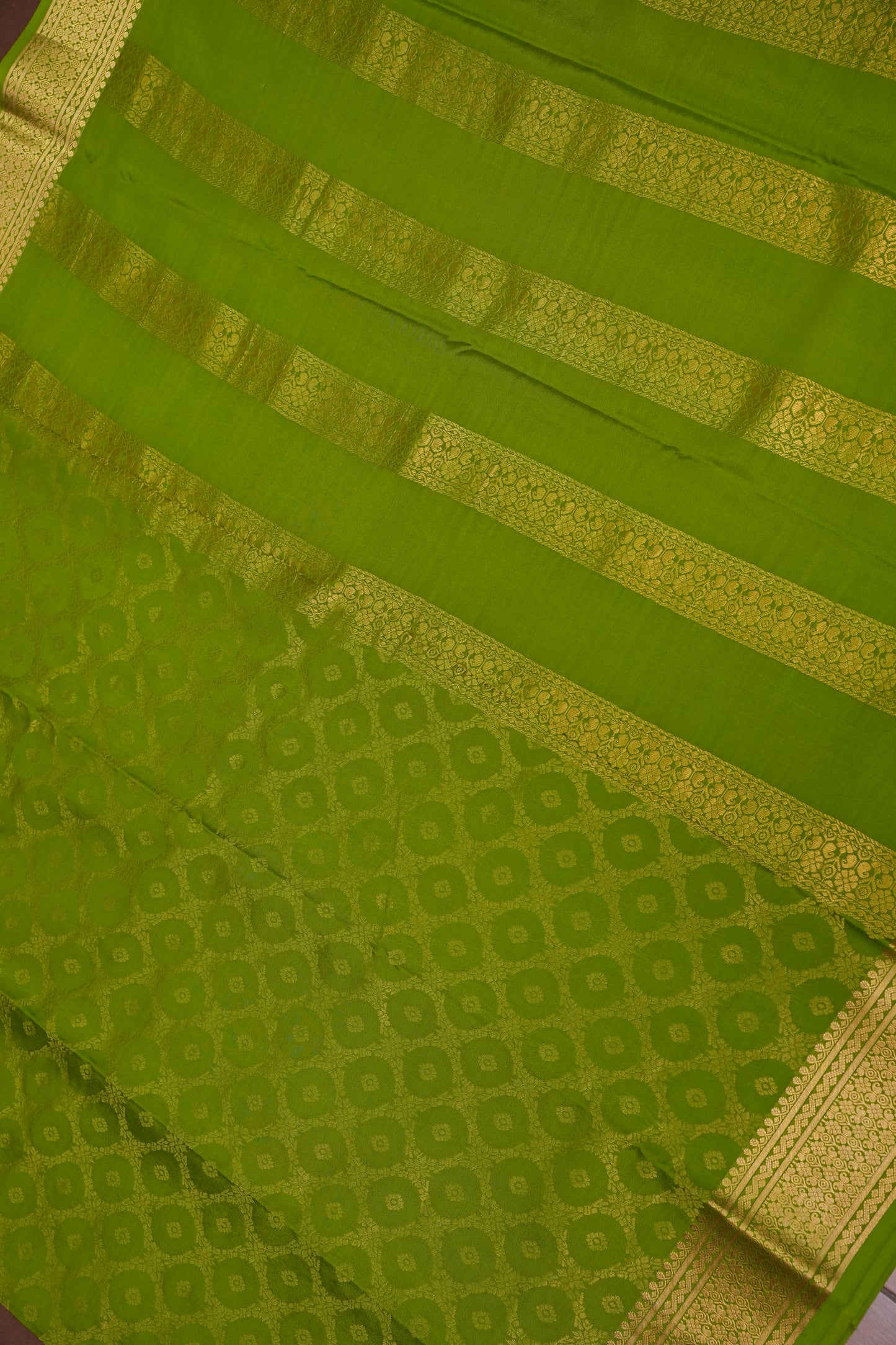 Pure Crepe Mysore Silk Saree - Olive Green with Gold Zari Border