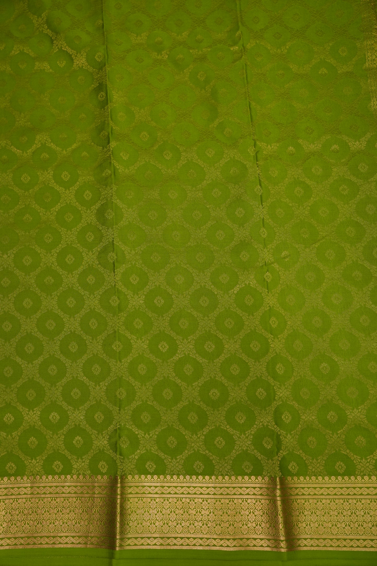 Pure Crepe Mysore Silk Saree - Olive Green with Gold Zari Border