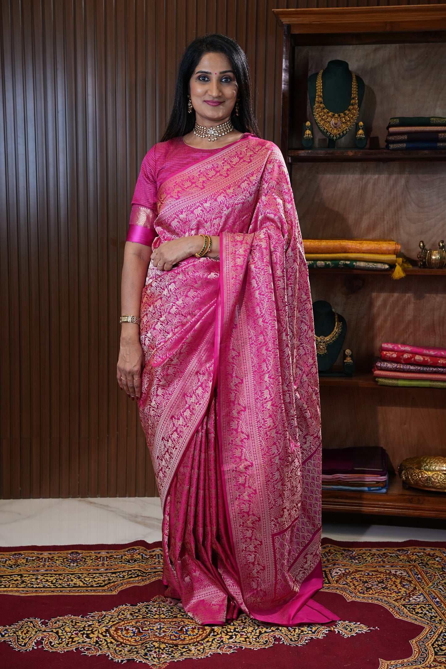 Pure Handloom Silk Katan Banaras Saree-Hot Pink|Silk Mark Certified