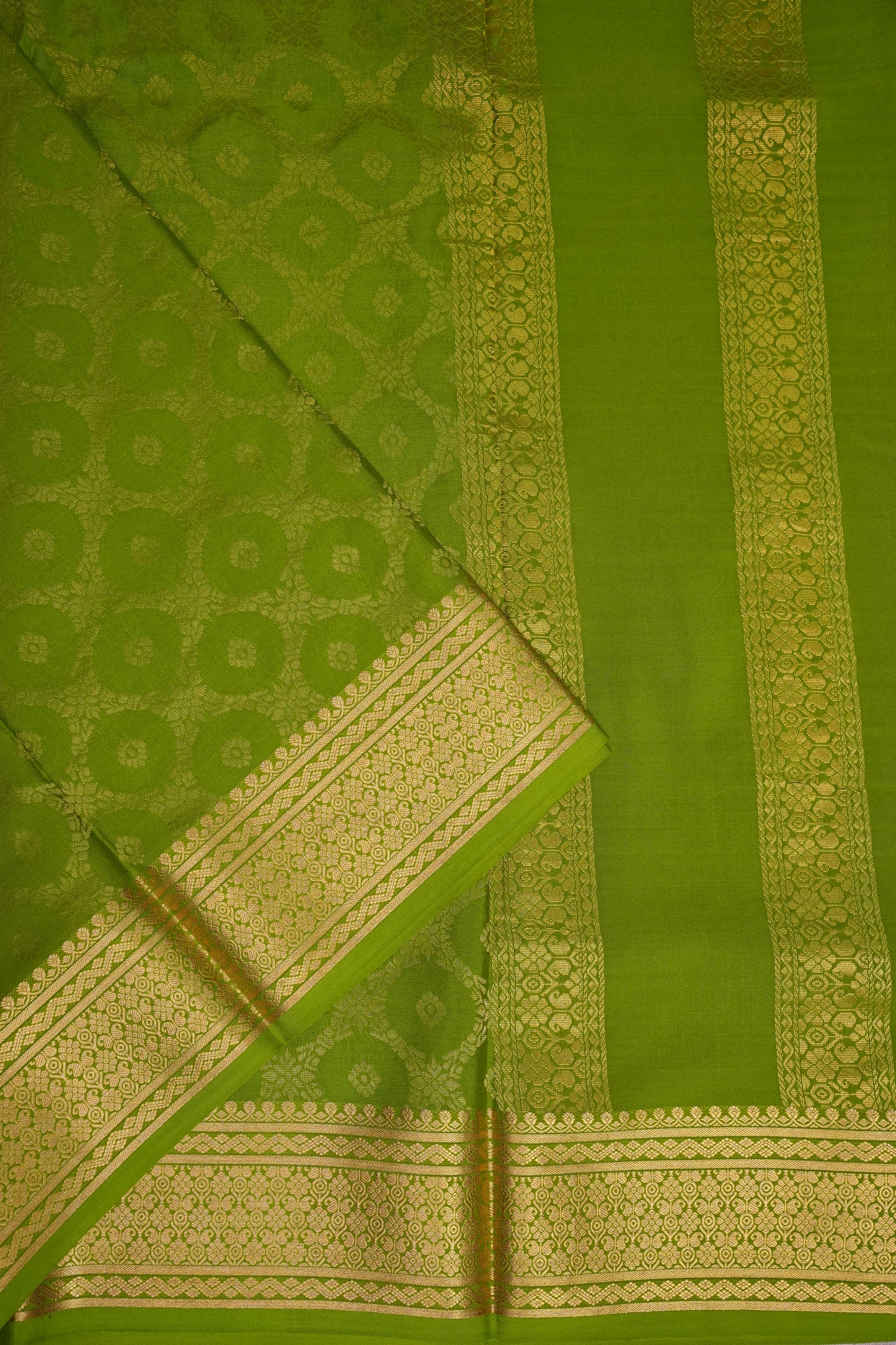 Pure Crepe Mysore Silk Saree - Olive Green with Gold Zari Border