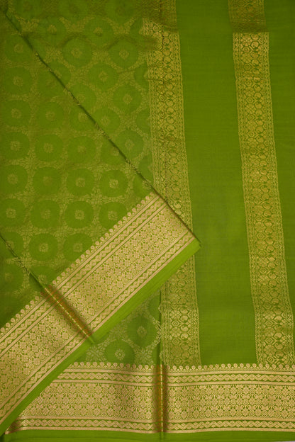 Pure Crepe Mysore Silk Saree - Olive Green with Gold Zari Border