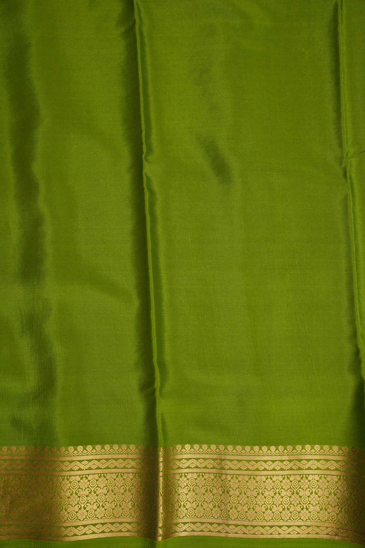 Pure Crepe Mysore Silk Saree - Olive Green with Gold Zari Border