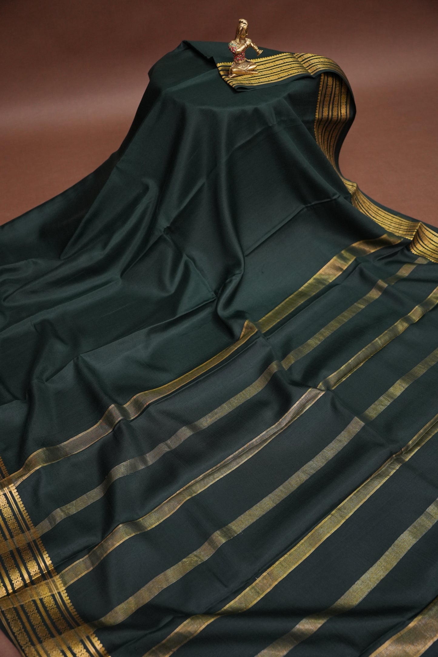Pure Crepe Mysore Silk Saree - Deep Bottle Green With Gold Zari Border