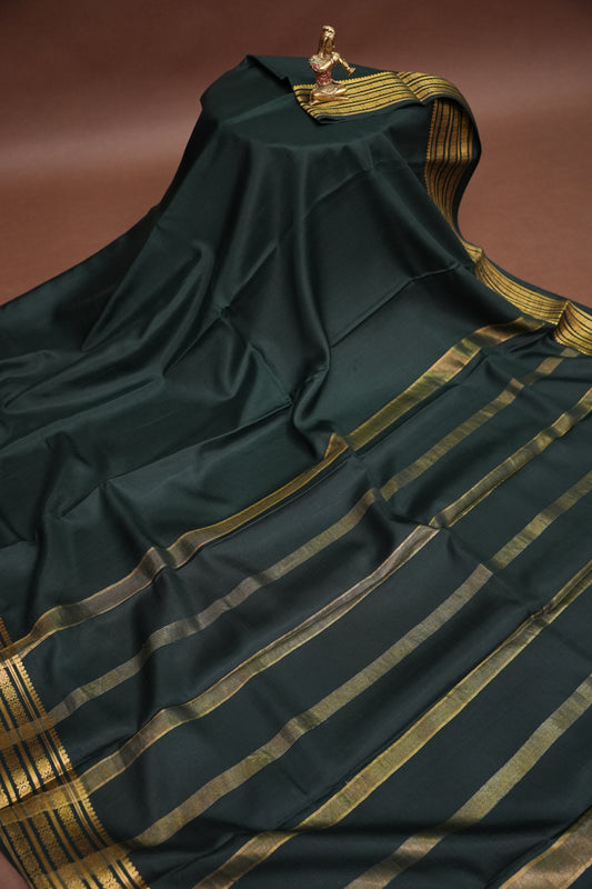Pure Crepe Mysore Silk Saree - Deep Bottle Green With Gold Zari Border
