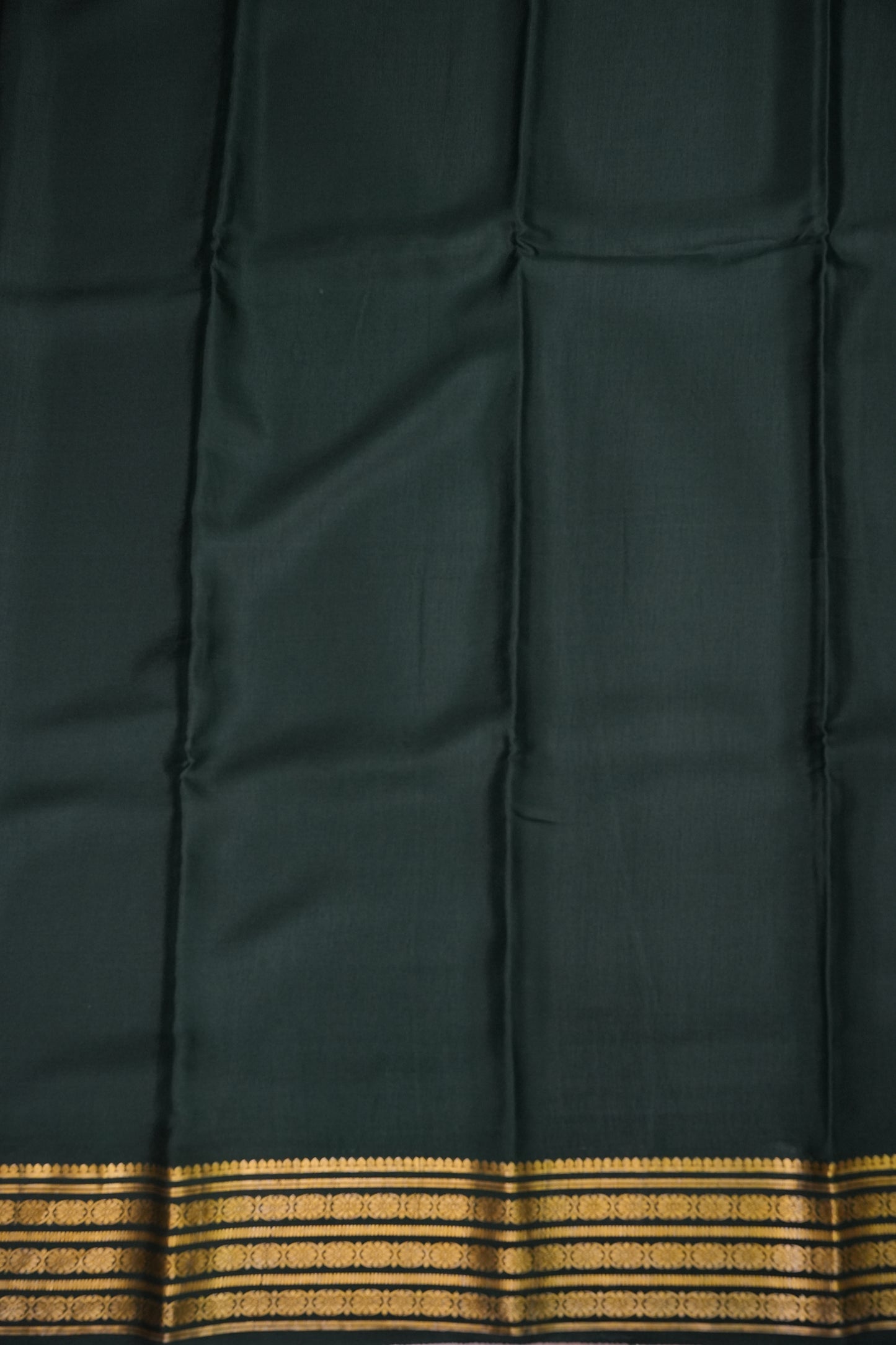 Pure Crepe Mysore Silk Saree - Deep Bottle Green With Gold Zari Border