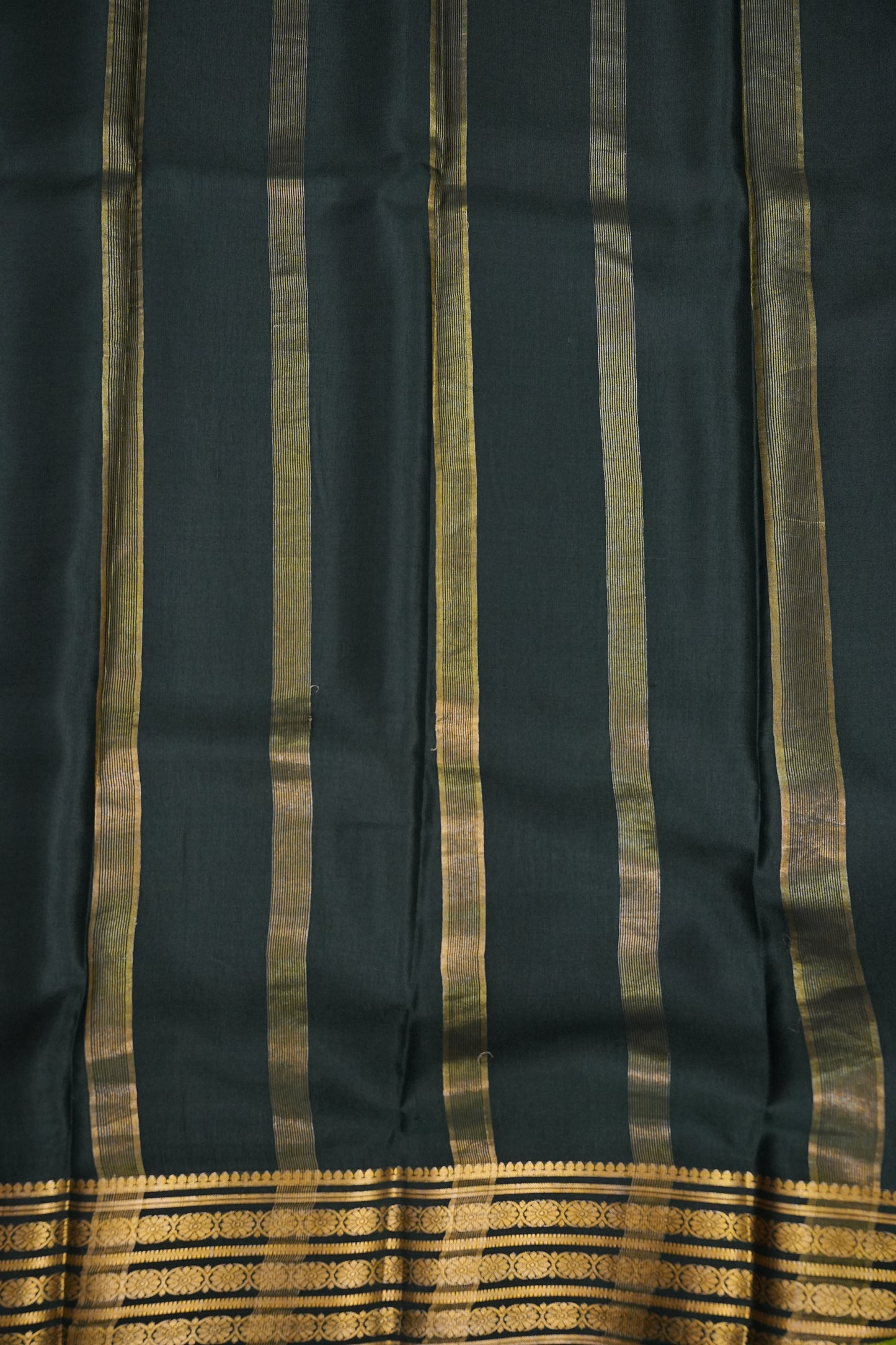 Pure Crepe Mysore Silk Saree - Deep Bottle Green With Gold Zari Border