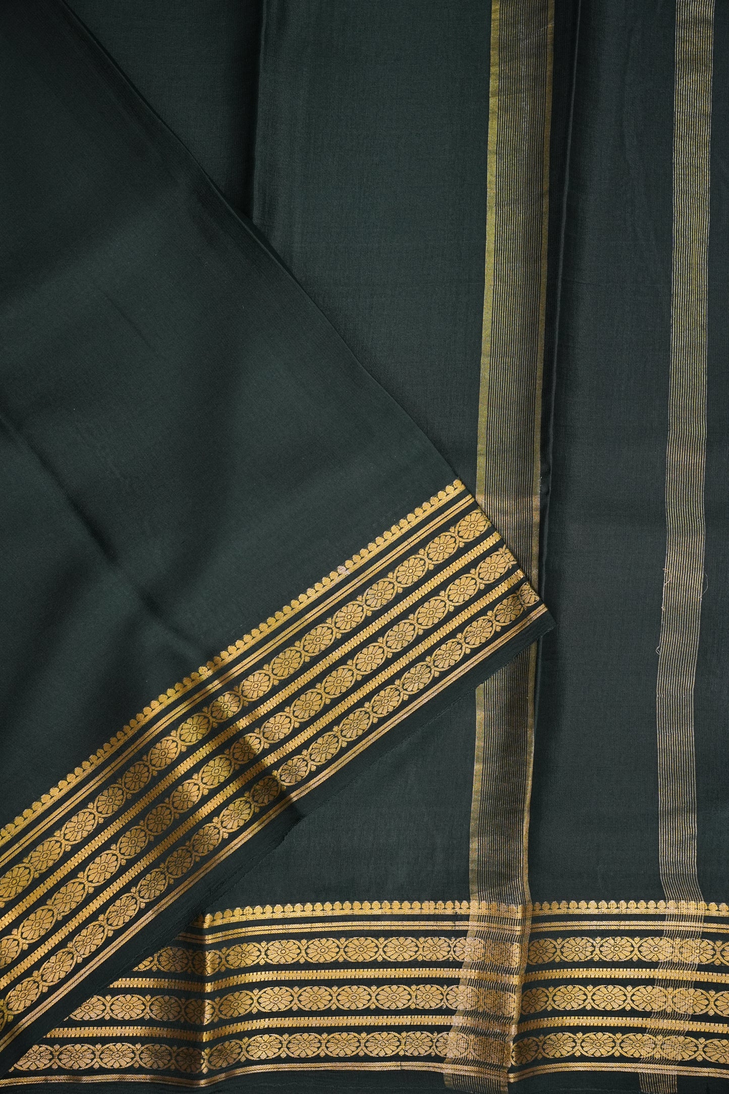 Pure Crepe Mysore Silk Saree - Deep Bottle Green With Gold Zari Border