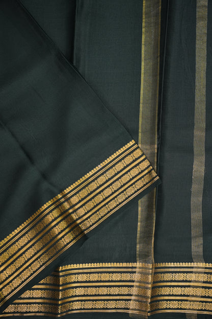 Pure Crepe Mysore Silk Saree - Deep Bottle Green With Gold Zari Border